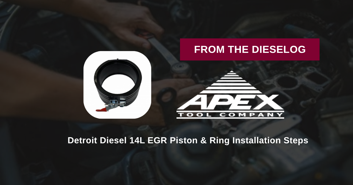 Step-by-step close up layout of piston ring compressor sleeve mounted on a Detroit 14L cylinder liner flange